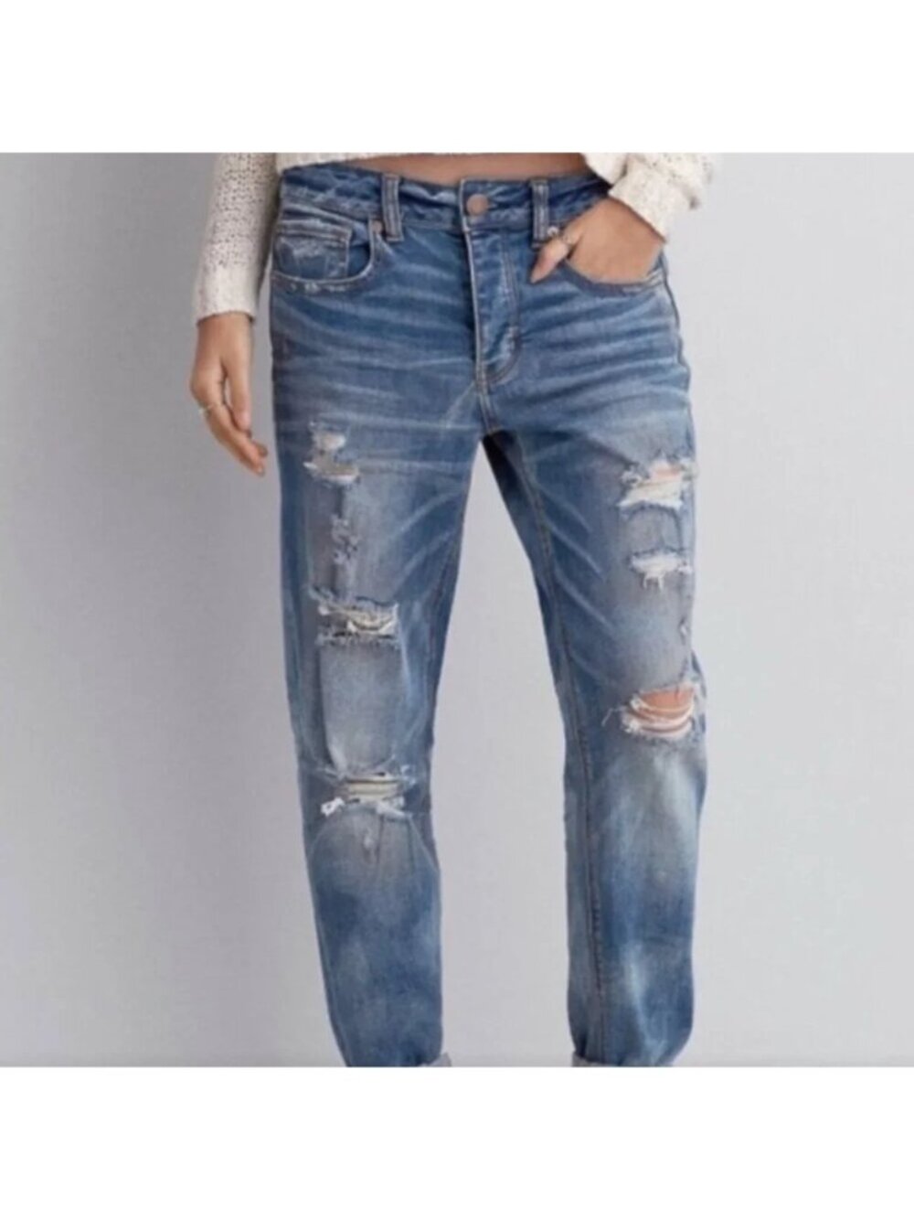 American Eagle Outfitters Jeans Womens Size 8 Boy Crop Distressed Medium Wash